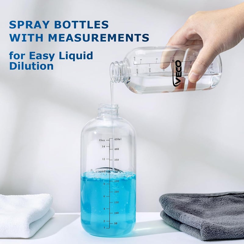 Veco 500mL (17oz) Graduated Spray Bottles, 4-Pack — 360° Any-Angle Spraying for Easy Dilution, Leak-Resistant spray bottles for Cleaning, Plants, Hair & Pet Use + Foldable Funnel - Image 2